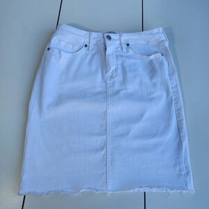 Code Bleu Denim Jean Skirt White Button Fly Pencil Back Kick Split Stretch Raw 6